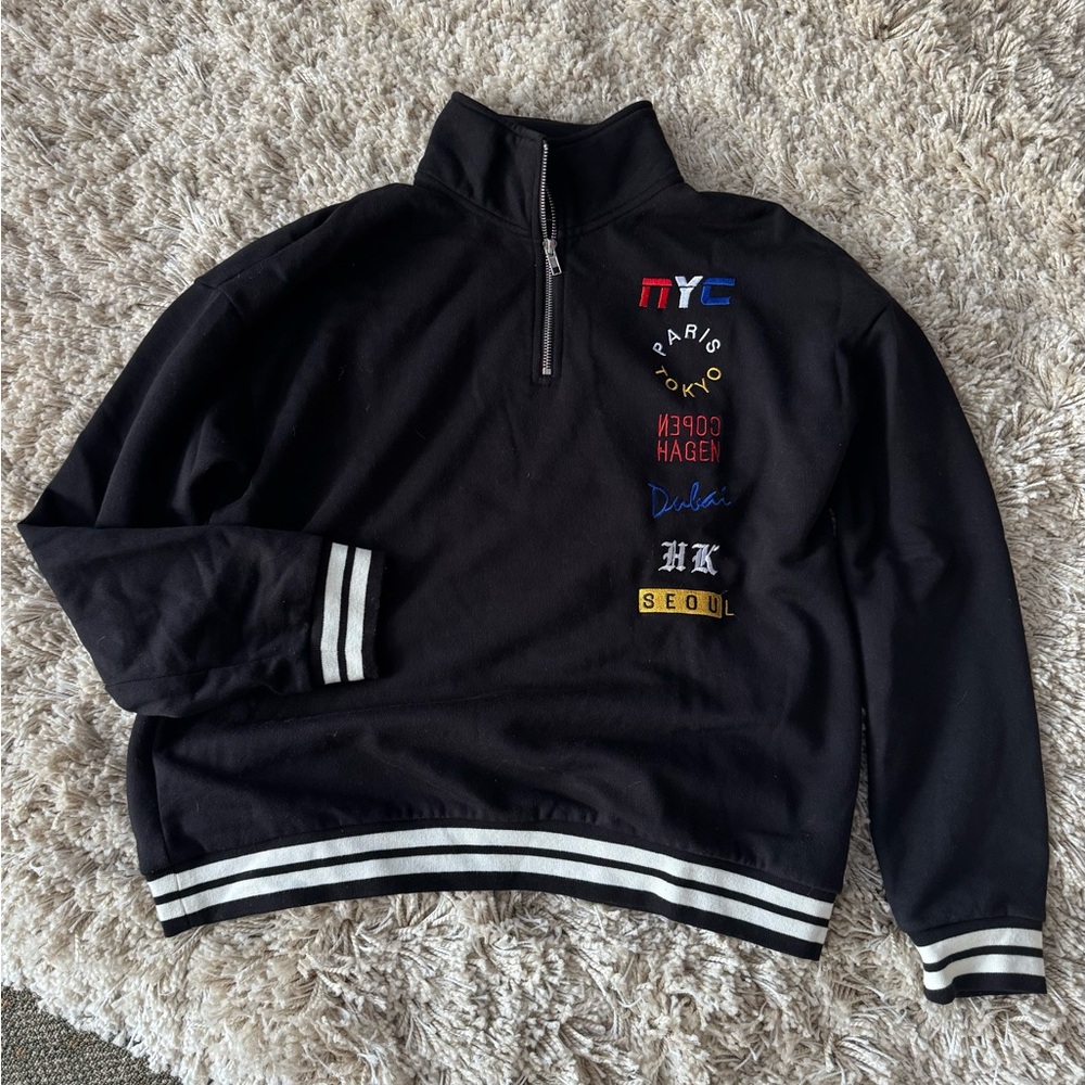 Forever 21 Black Zip-Up Sweater with City Patches